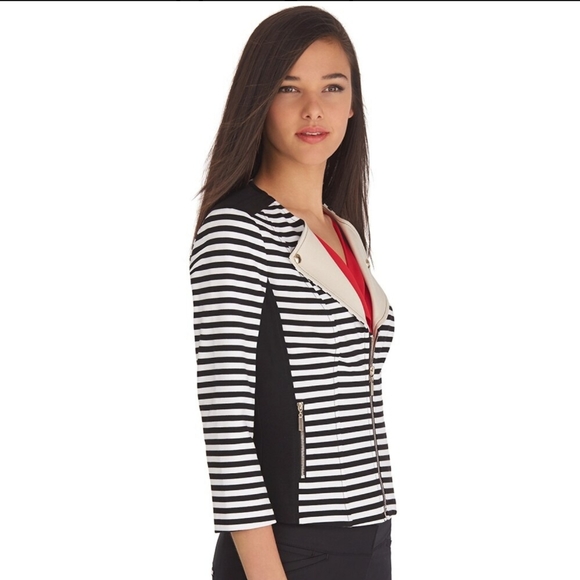10 White House Black Market Stripe Zip Faux Motorcycle Jacket Blazer - Picture 11 of 11